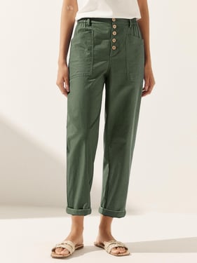 Linen Simple Button Fly Trousers HEIDI - Forest Green / XXXL