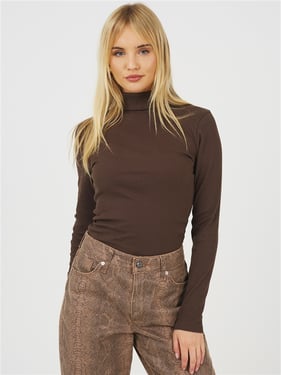 Brave Soul Ribbed Polo Neck Top - Chocolate - XS