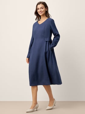 100% Linen Gathered Waist Flap Detail Midi Dress DIANA - Navy Blue / XXL