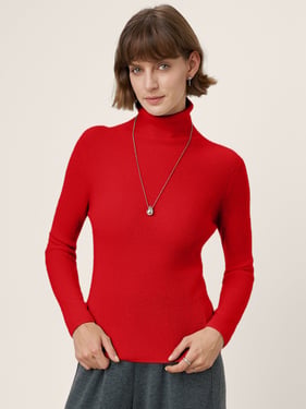 Premium Cashmere Blend Hand-Finished Seamless Turtleneck Sweater URMI - Crimson Red / L