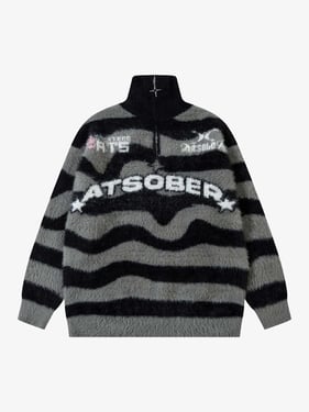 Thesupermade Stand Collar Striped Zip Up Fleece Sweater - Black / XL