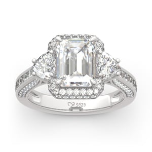 Jeulia Halo Three Stone Emerald Cut Sterling Silver Ring