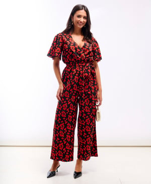 Red Floral Flutter Sleeve Jumpsuit - 18