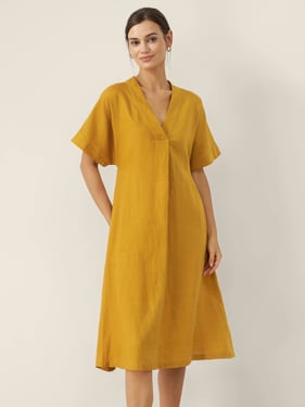 100% Linen V-Neck Tie-Waist Midi Dress BONNIE - Honey Yellow / XXL