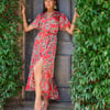 Red Floral Satin Wrap Midi - 16