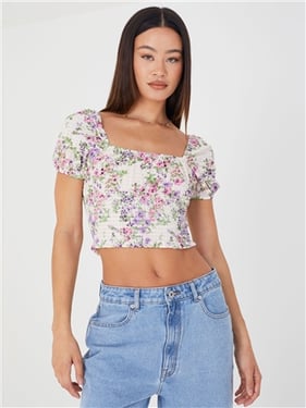 Brave Soul Puff Sleeve Elle Top - White/Pink/Purple - XL