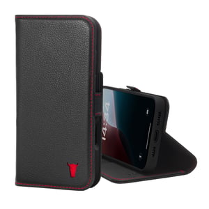 iPhone 16 Plus Leather Wallet Case (MagSafe Charging) - Black with Red Detail