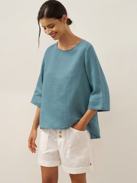 100% Linen Round Neck Asymmetrical Hem Top BRIANNA - Dove Blue / XXL