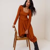 Burnt Orange Shirred Long Sleeve Sorelle Midi Dress