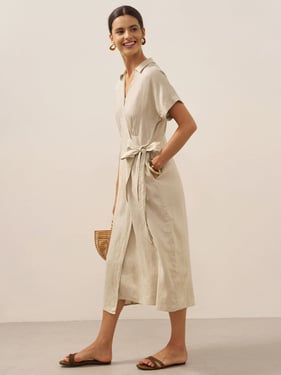 100% Linen One-Piece Belted Maxi Dress CORA - Khaki / XXL