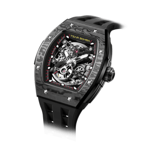 TSAR BOMBA Men's Automatic Watch | Cool Black | Stainless Steel Case | Carbon Fiber Bezel | Japanese Mechanical Skeleton Movement | Luxury Sport Wristwatch | Elemental TB8228CF