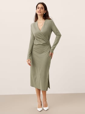 Crossover V-Neck Wrap Stretch Midi Dress MARNIE - Muted Sage / XXL