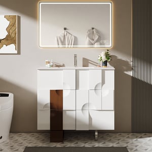 35" Freestanding Bathroom Vanity with Ceramics Undermount Sink in White & Walnut