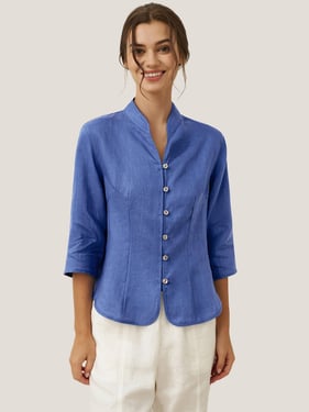 100% Linen Hand Button Fitted Jacket AMELIA - Royal Blue / XXL