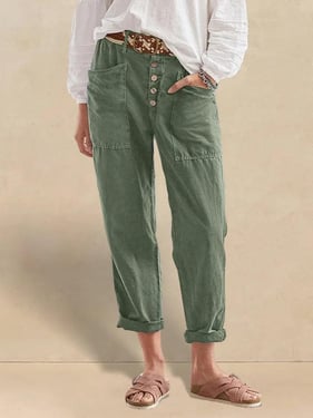 Linen Simple Button Fly Trousers HEIDI - Forest Green / XL