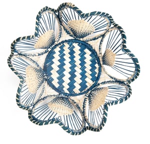 10" Floral Handwoven Iraca Bread Basket - Accented Borders / Blue
