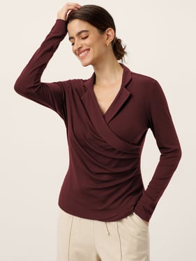 Wool Asymmetric Side Ruched Stretch Top BRIONY - Ruby / XXL