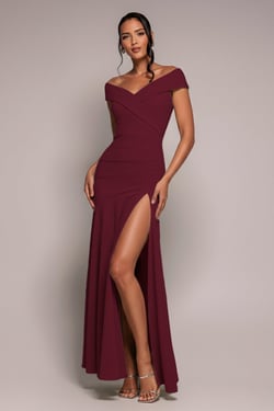 Goddiva Scuba Crepe Off Shoulder Front Split Maxi Dress - Wine