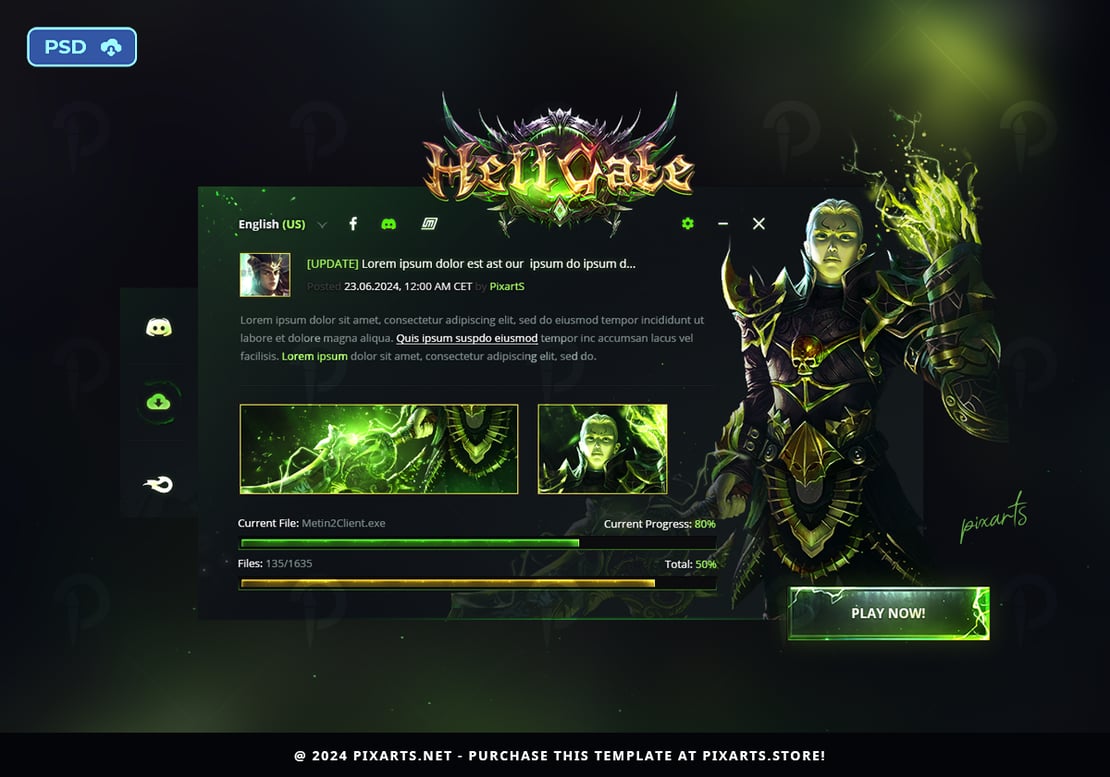 Fantasy Metin2 Game Patcher UI PSD Template - Hellgate