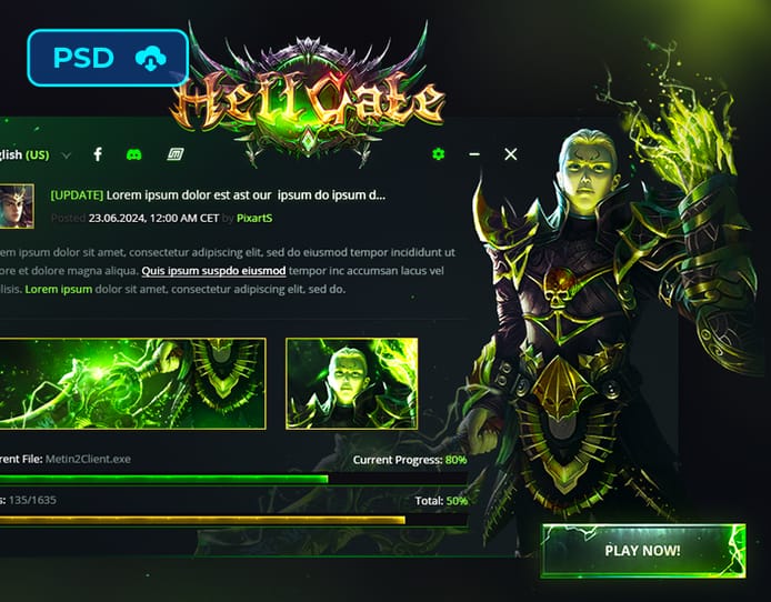 Fantasy Metin2 Game Patcher UI PSD Template - Hellgate