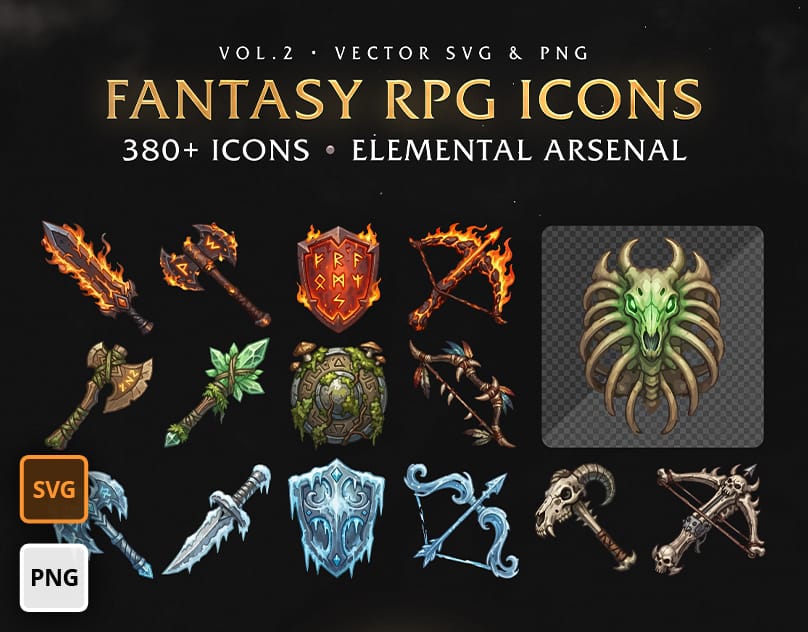 Fantasy RPG Icons – Elemental Weapons & Magic – 400+ Assets (SVG & PNG) Vol.2