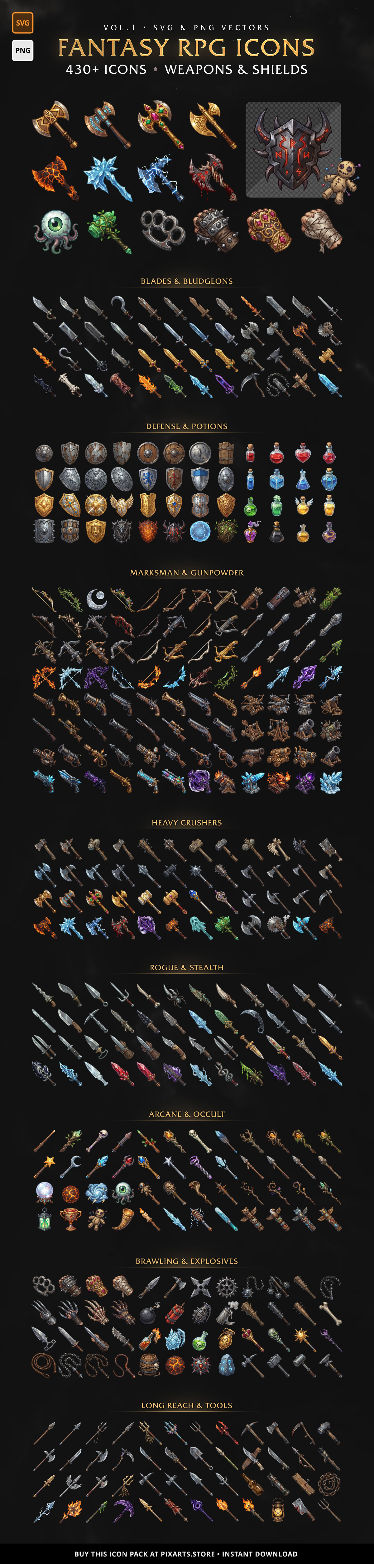 Fantasy RPG Icons – Weapons & Shields – 430+ Assets (SVG & PNG) Vol.1
