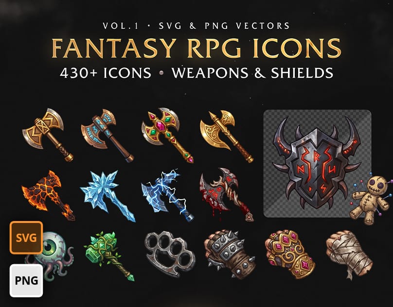 Fantasy RPG Icons – Weapons & Shields – 430+ Assets (SVG & PNG) Vol.1