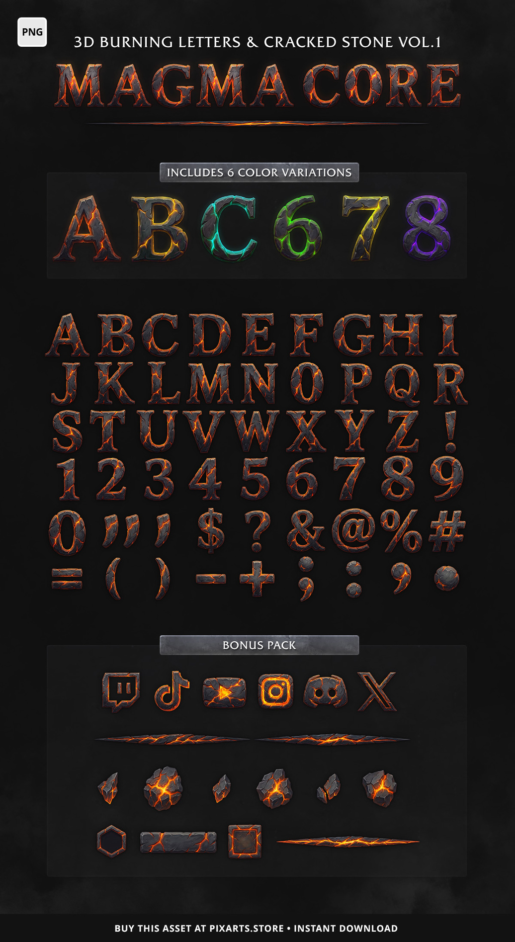Magma Core – 3D Burning Letters & Cracked Stone Font (PNG Kit)