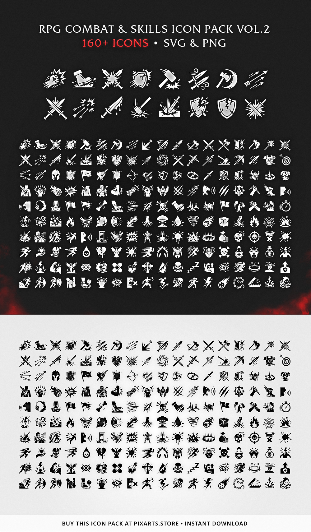 RPG Combat & Skills Game Icon Pack – 160+ Vectors (SVG & PNG) Vol.2