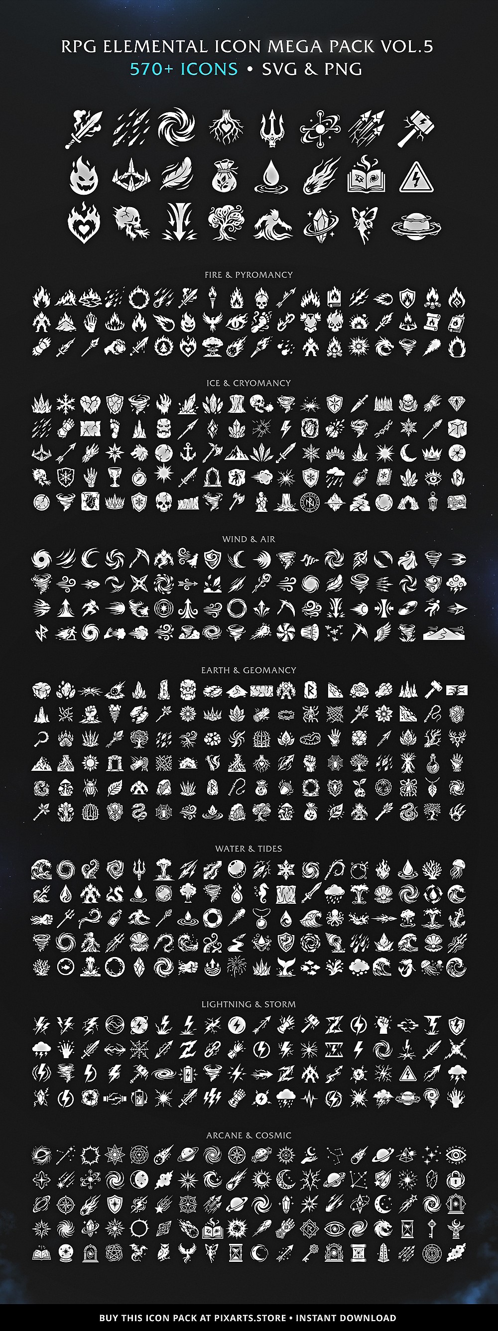 RPG Elemental Magic Game Icons MEGA PACK – 570+ Vectors (SVG & PNG) Vol.6