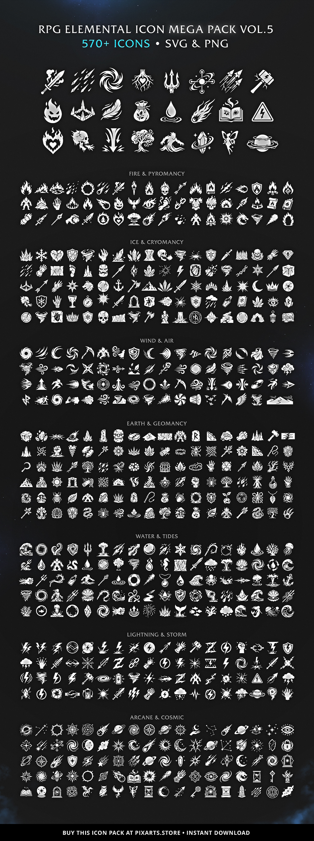 RPG Elemental Magic Game Icons MEGA PACK – 570+ Vectors (SVG & PNG) Vol.6