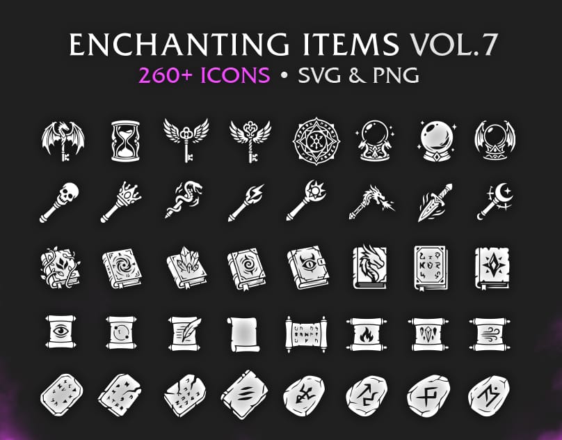 RPG Enchanting & Magic Items Game Icon Pack – 260+ Vectors (SVG & PNG) Vol.7