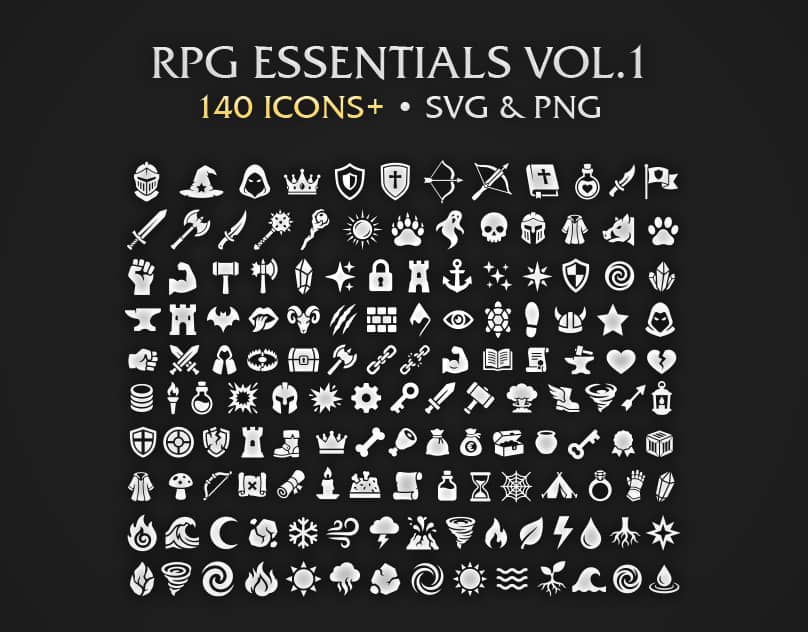 RPG Essentials Game Icon Pack – 140+ Vectors (SVG & PNG) Vol.1