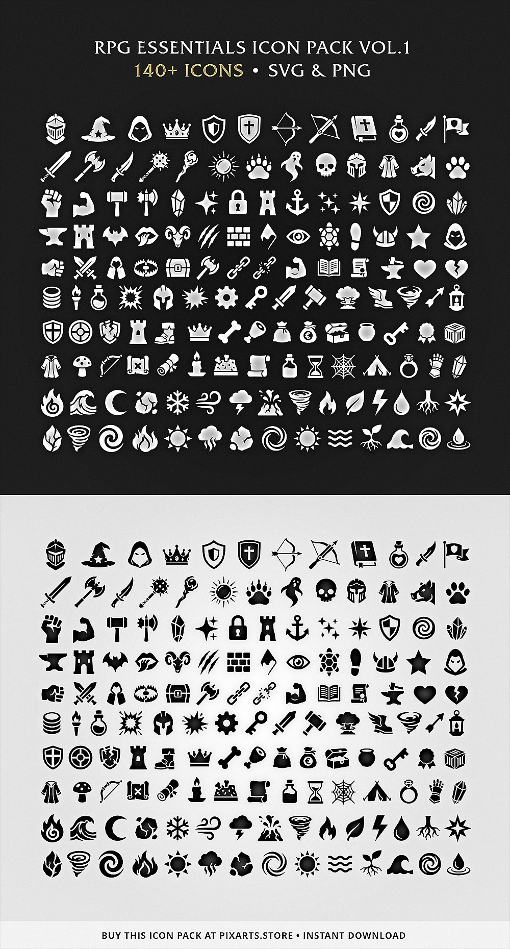 RPG Essentials Game Icon Pack – 140+ Vectors (SVG & PNG) Vol.1