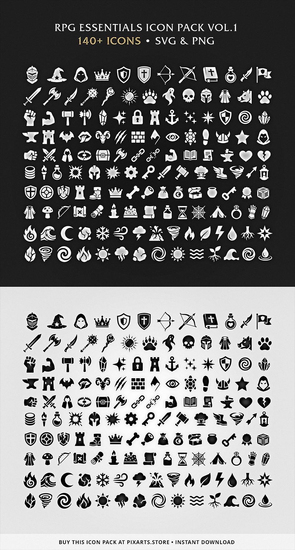 RPG Essentials Game Icon Pack – 140+ Vectors (SVG & PNG) Vol.1
