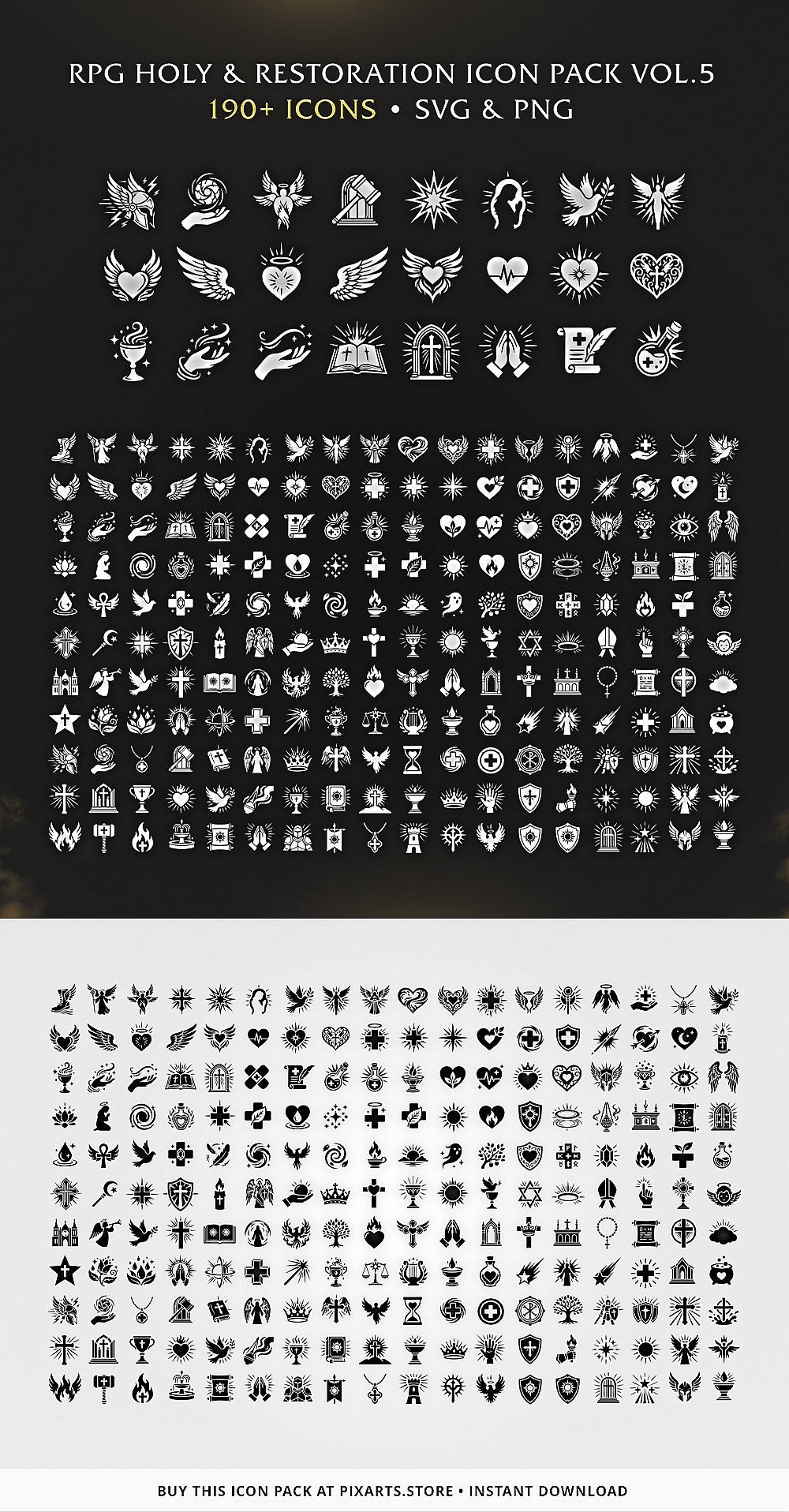 RPG Holy & Restoration Game Icon Pack – 190+ Vectors (SVG & PNG) Vol.5
