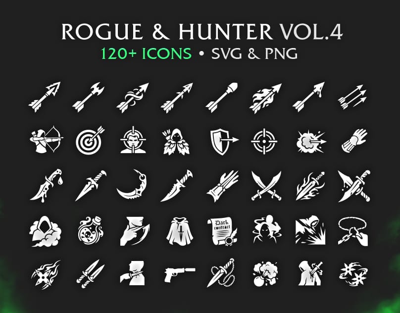 RPG Rogue & Hunter Game Icon Pack – 120+ Vectors (SVG & PNG) Vol.4