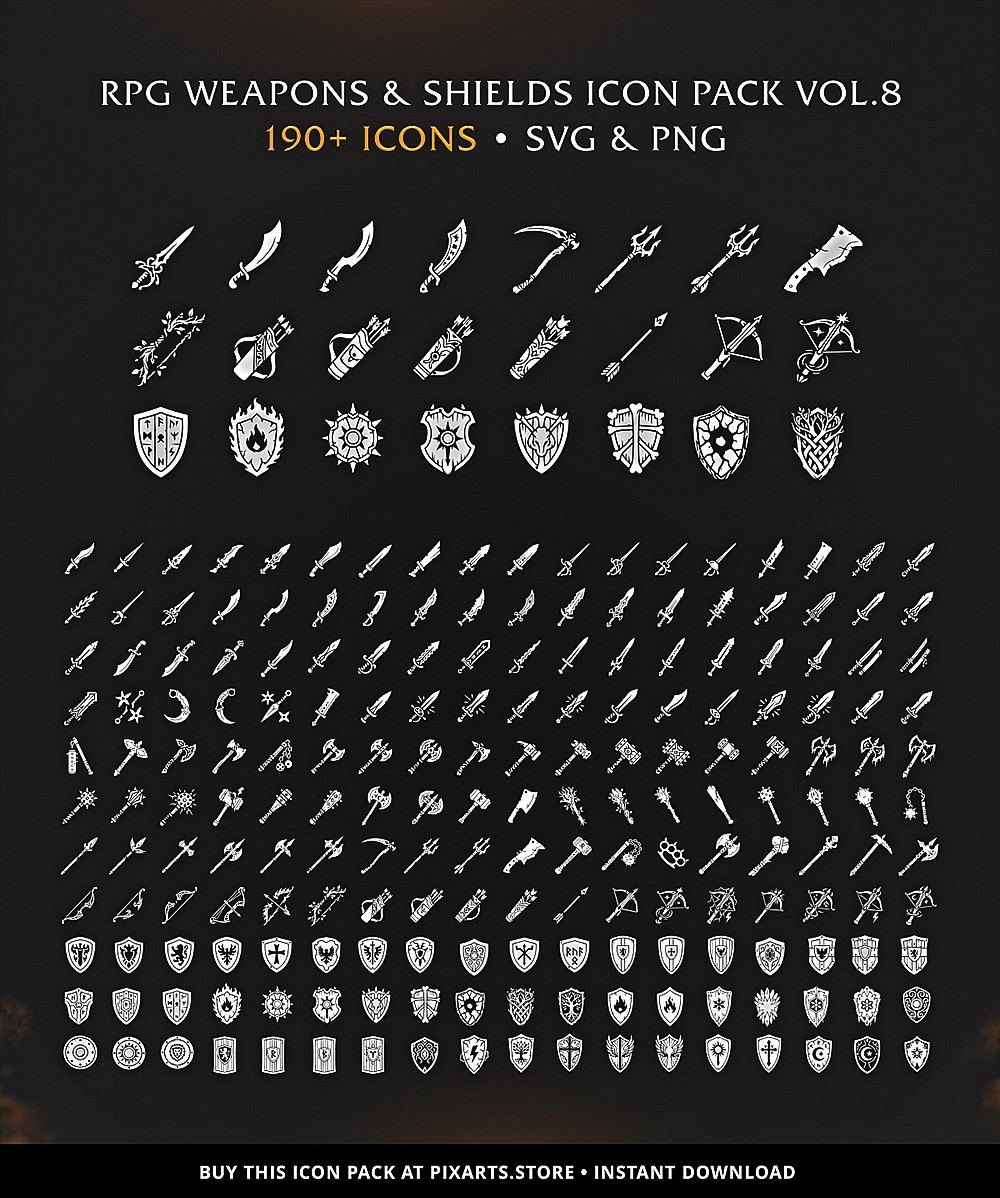 RPG Weapons & Shields Game Icon Pack – 190+ Vectors (SVG & PNG) Vol.8