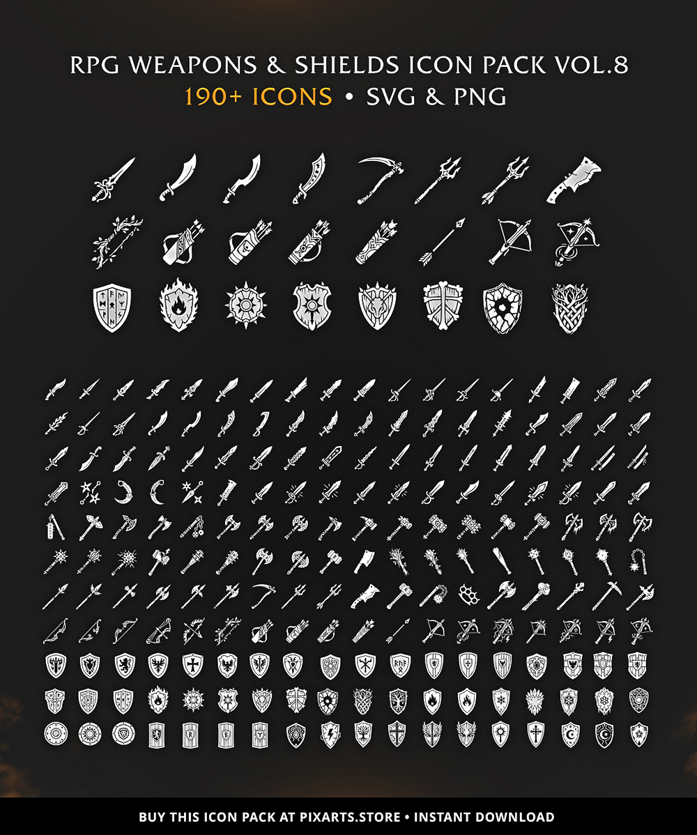 RPG Weapons & Shields Game Icon Pack – 190+ Vectors (SVG & PNG) Vol.8