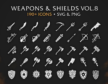 RPG Weapons & Shields Game Icon Pack – 190+ Vectors (SVG & PNG) Vol.8