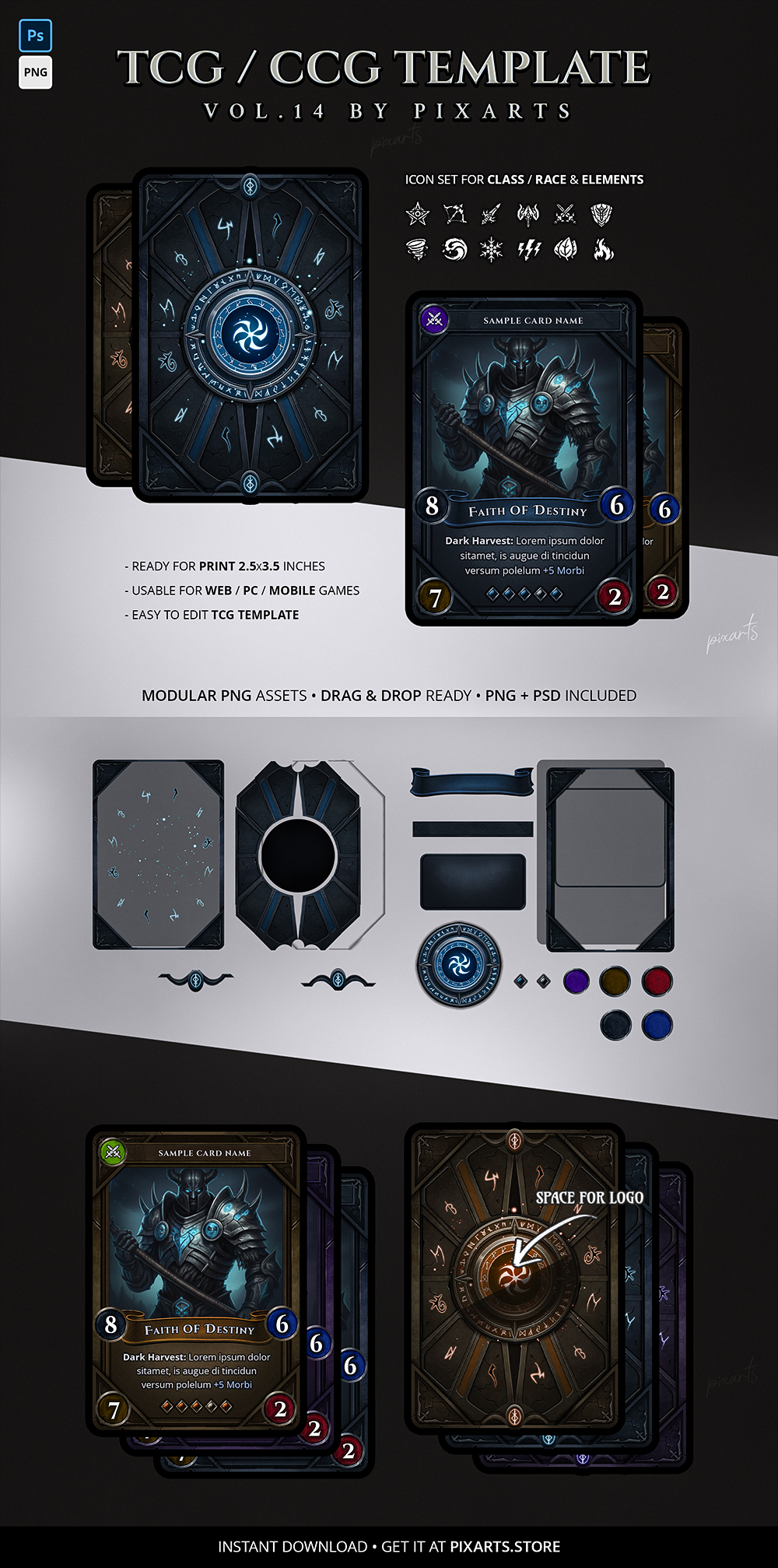 Trading Card Game (TCG) Template – Dark Steel Runic Style Vol.14