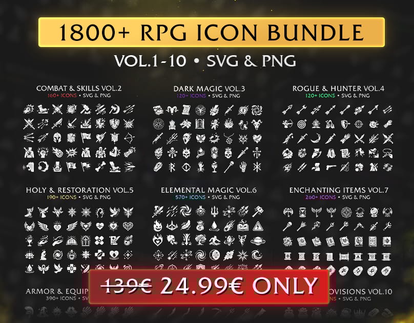 Ultimate RPG Game Icon Mega Bundle – 1800+ Vectors (SVG & PNG) Vol. 1-10