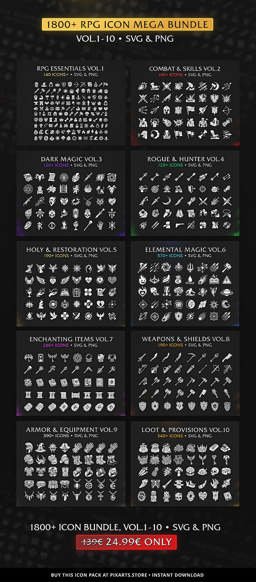 Ultimate RPG Game Icon Mega Bundle – 1800+ Vectors (SVG & PNG) Vol. 1-10
