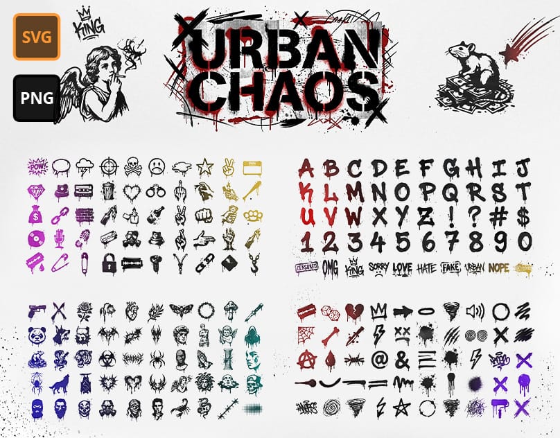 Urban Chaos – Graffiti Font (Alphabet / Letters) & Cyber Sigilism Y2K Ultimate Pack (SVG + PNG + ABR)