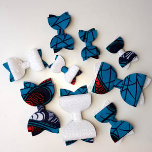 Hair Bows in Blue African Wax Print and White Glitter Fabric