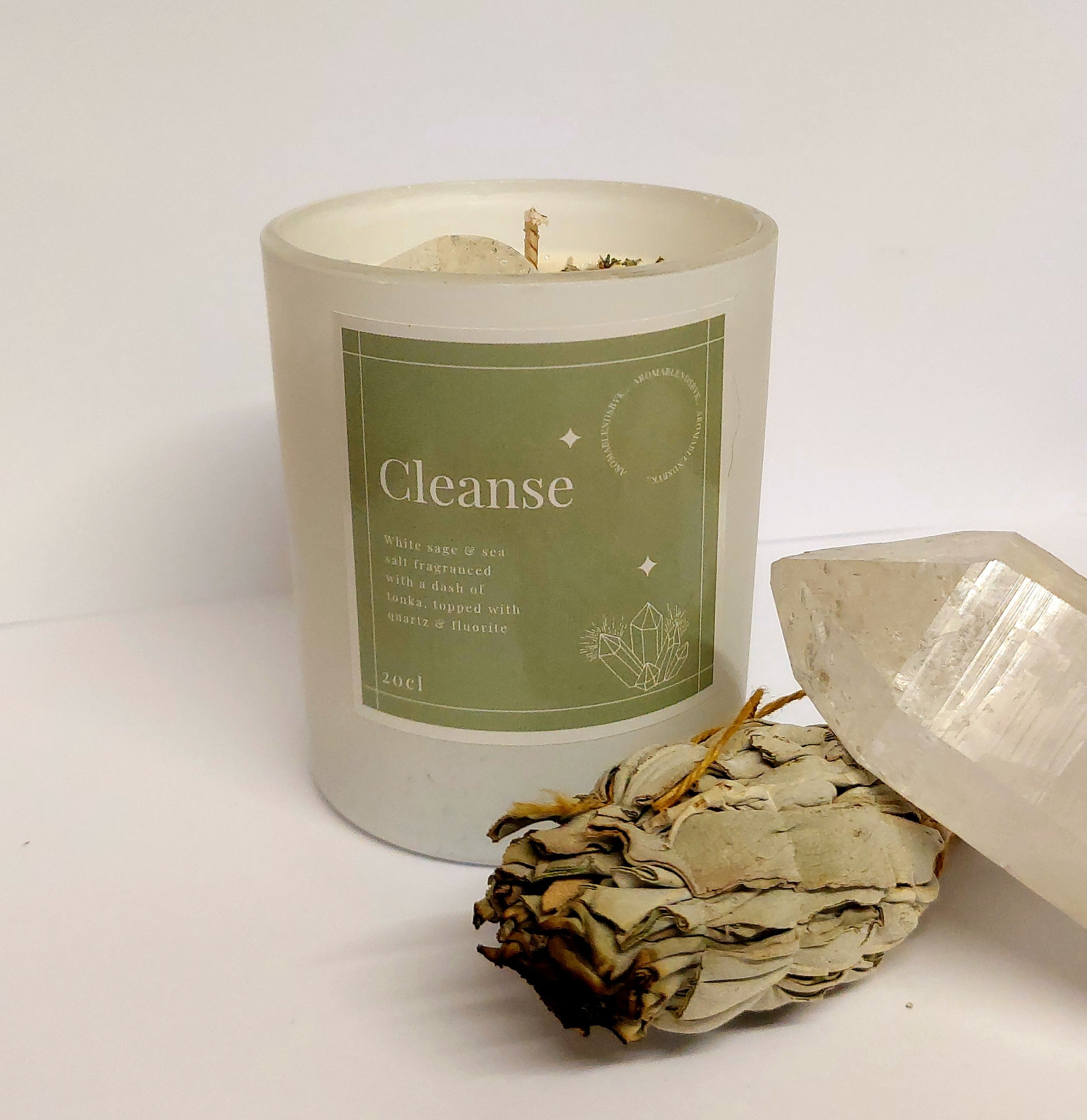 Cleanse Candle with Healing Quartz & Sage, crystal candle, candles with crystal inside
