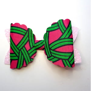 Hair Bow in African Wax Print and Pink Glitter Fabric
