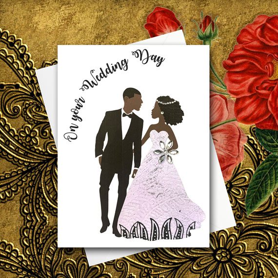Black Couple Wedding Card, skin shade options, made with African fabric