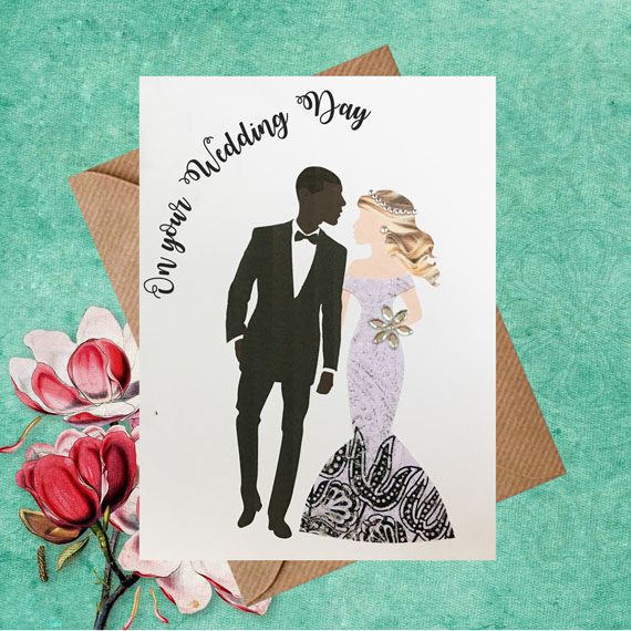 Interracial Couple Wedding Card – black man white woman – skin shade choices