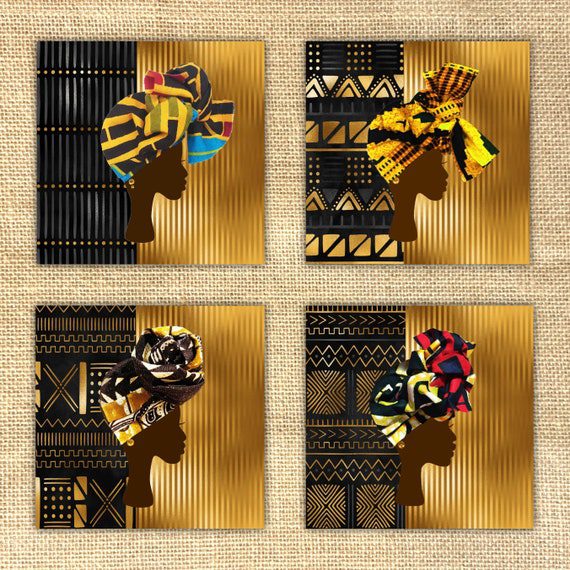 Pack of 4 or 6 gold black mudcloth headwrap printed cards